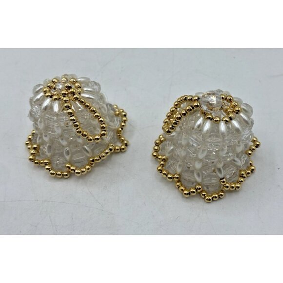 Vtg Handmade Beaded Bell Ornaments Set 2 White Gold Christmas Holiday Decor - Picture 6 of 10